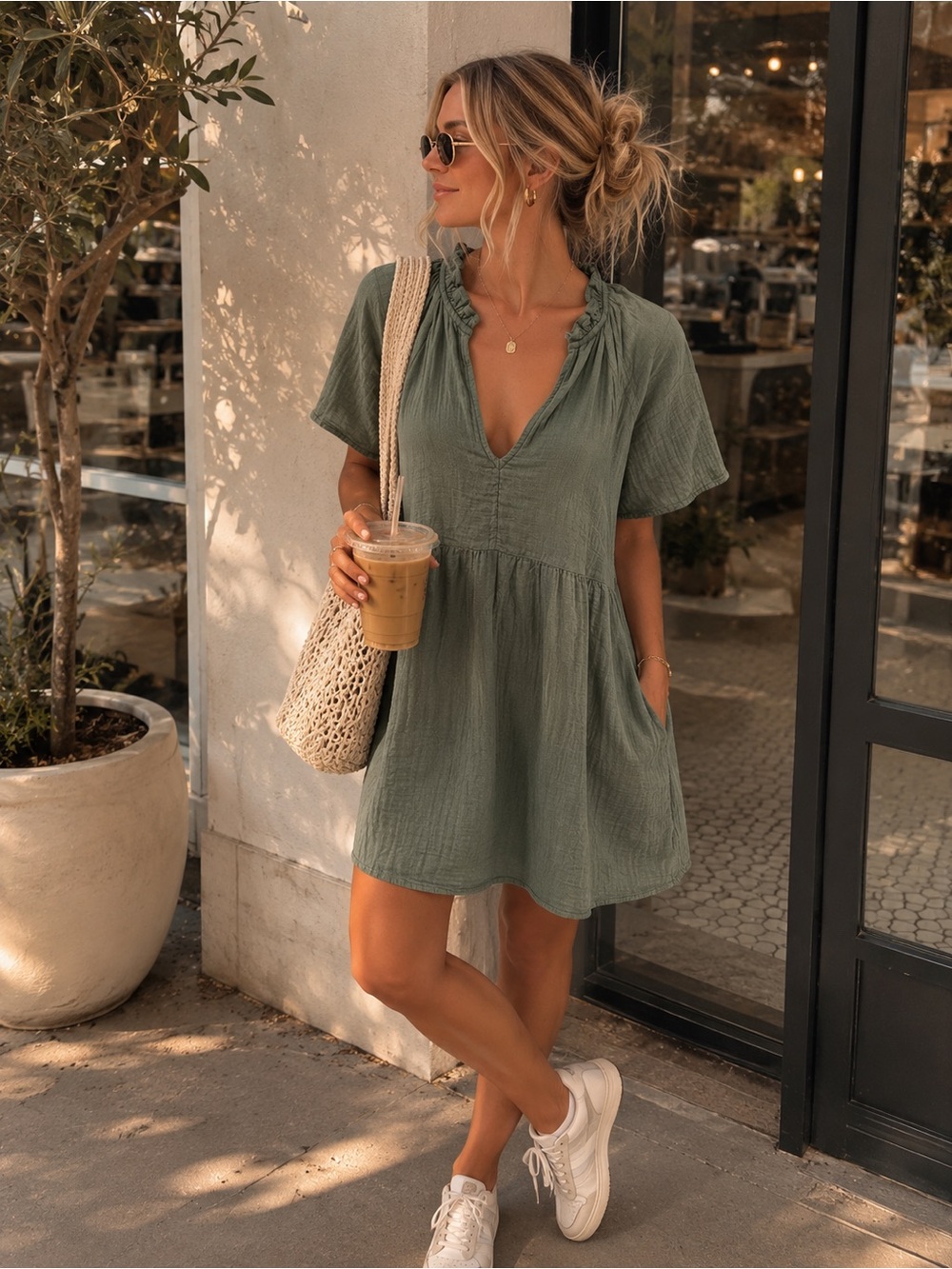 Old Navy Sage Green Gauze Babydoll Mini Dress With Pockets NWT